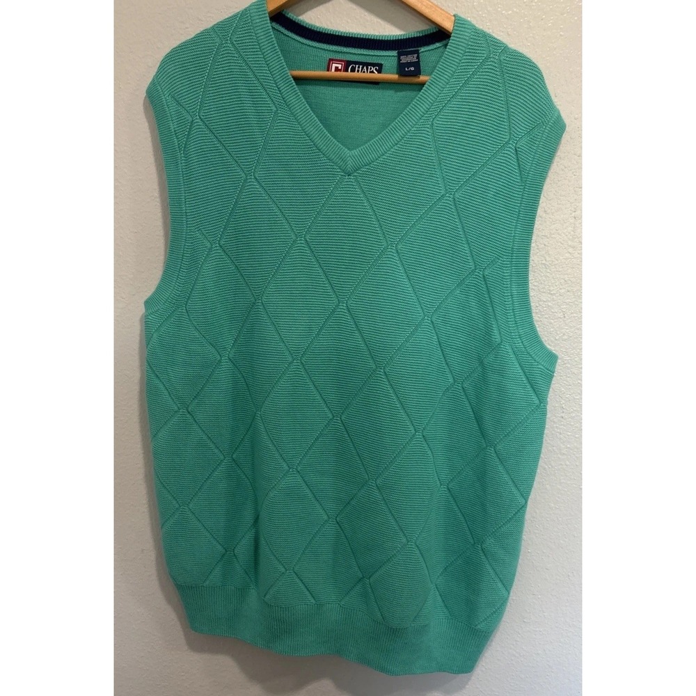 Chaps Men's V-Neck Sleeveless Green Cotton Sweater Vest Sz L Golf Grandpa Preppy
